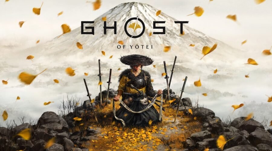 ghost of yotei gamescreen, a person in a hat with swords and a mountain in the background