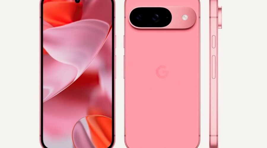 a pink cell phone pixel 9 with a pink background